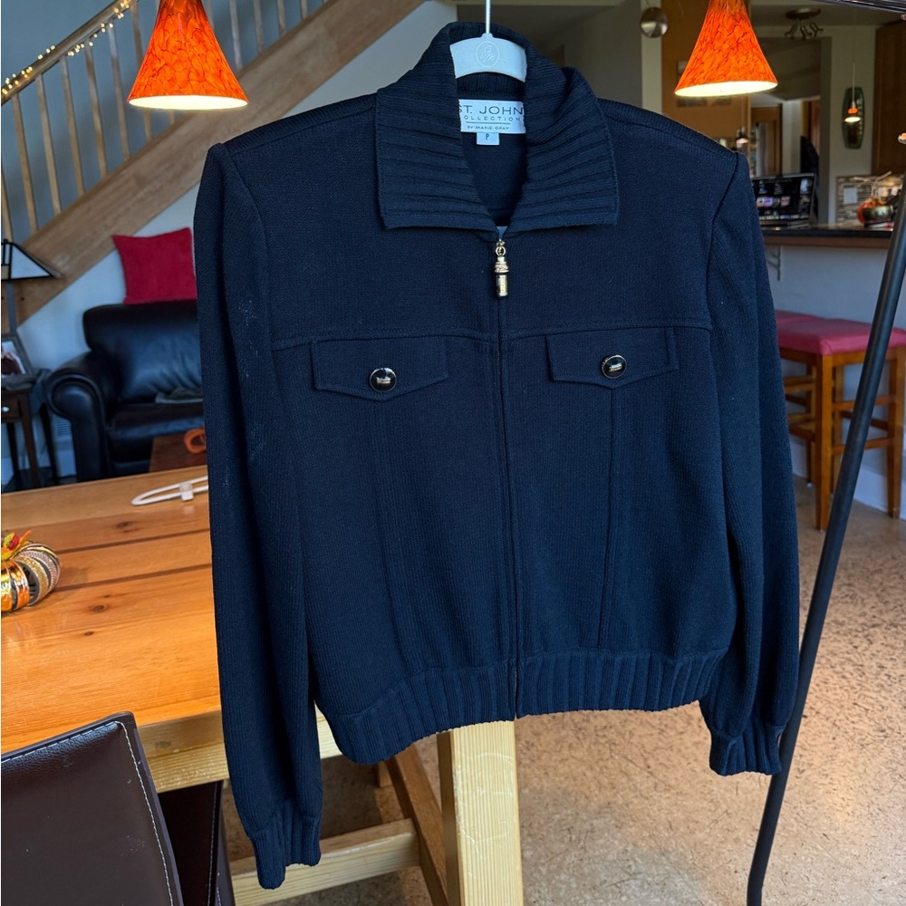 St. John Black Zip-Up Jacket with gold detailing